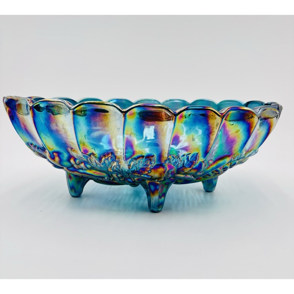 Indiana Glass Iridescent Carnival Blue Multi-Color Footed Bowl